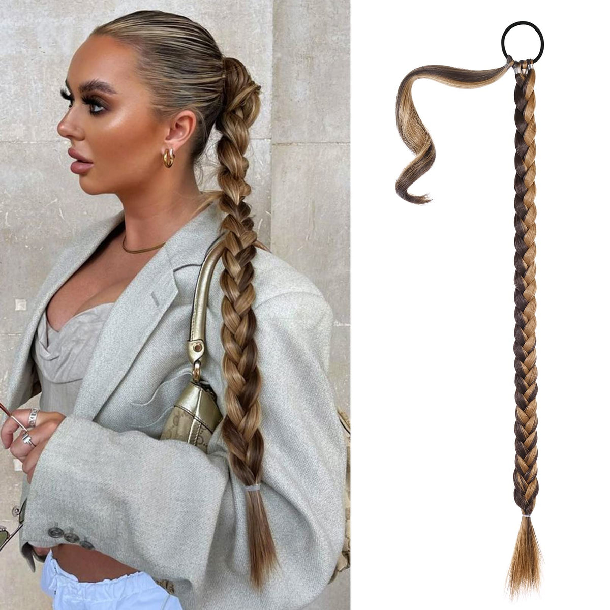 Seikea 34 Inch Chocolate Brown & Blonde Braided Ponytail Extension - Synthetic Hairpiece