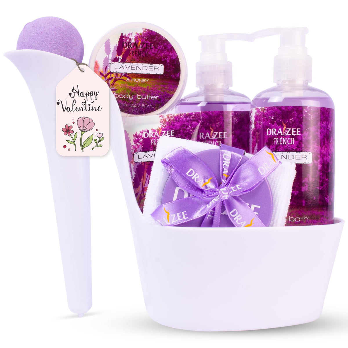 Draizee 8 Pcs Luxury Lavender Spa Basket - Perfect Valentine'S Gift For Her, Mom, Wife, Girlfriend