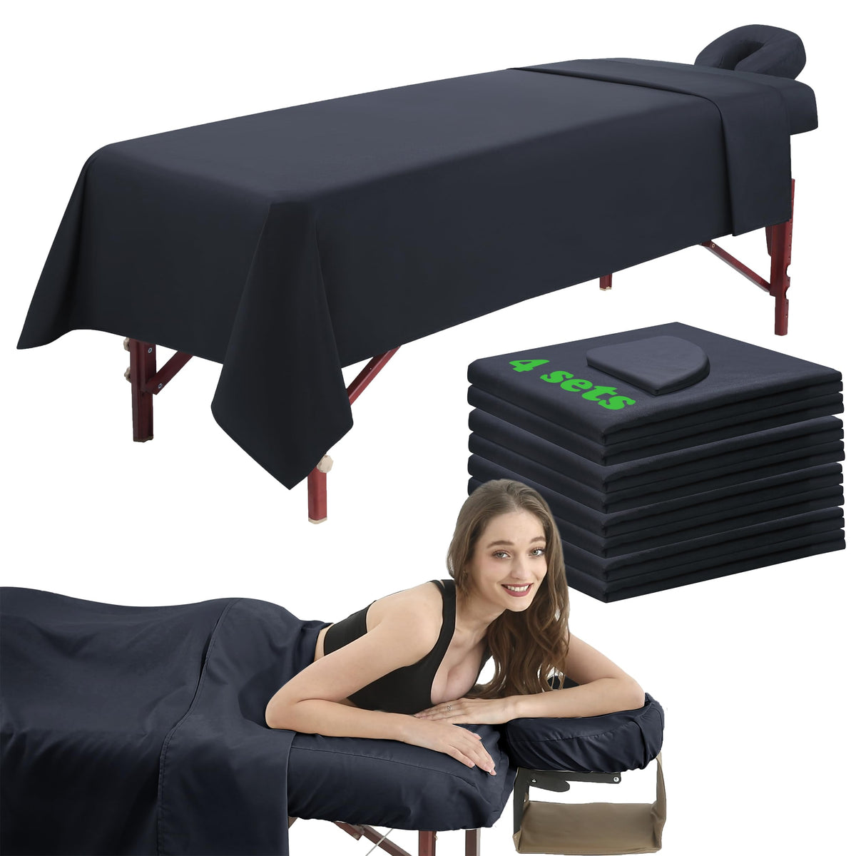 Omutavm 3 Piece Microfiber Massage Table Sheets Set - Waterproof & Oil Proof - Black 4 Sets