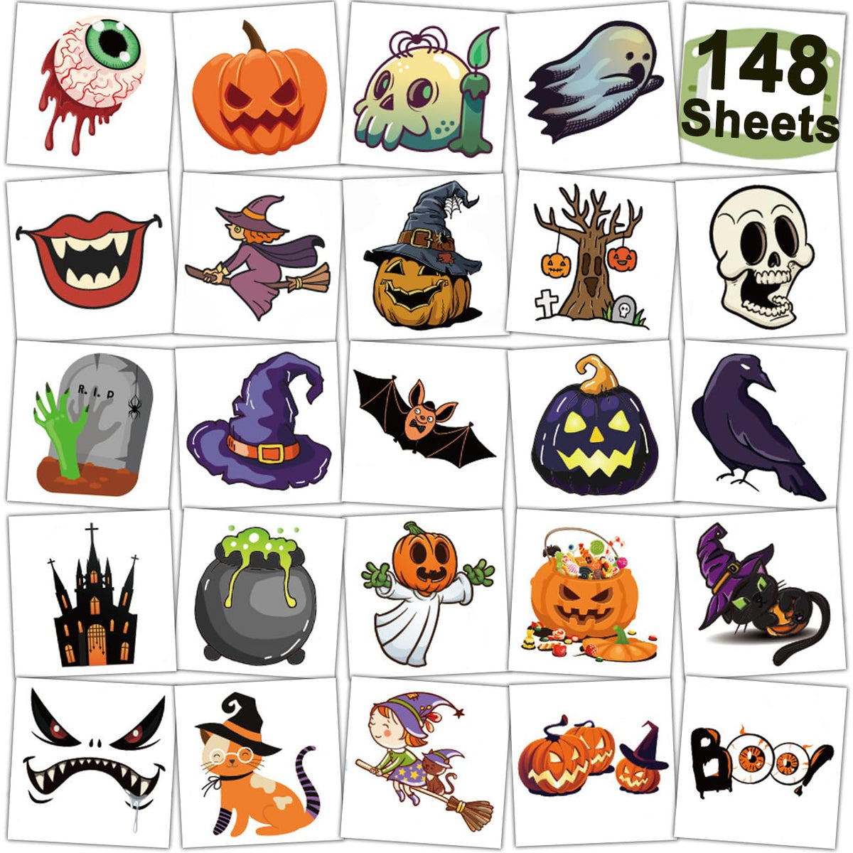 Charlent Halloween Temporary Tattoos - 148 Sheets Of Fun Pumpkin & Skeleton Designs For Kids