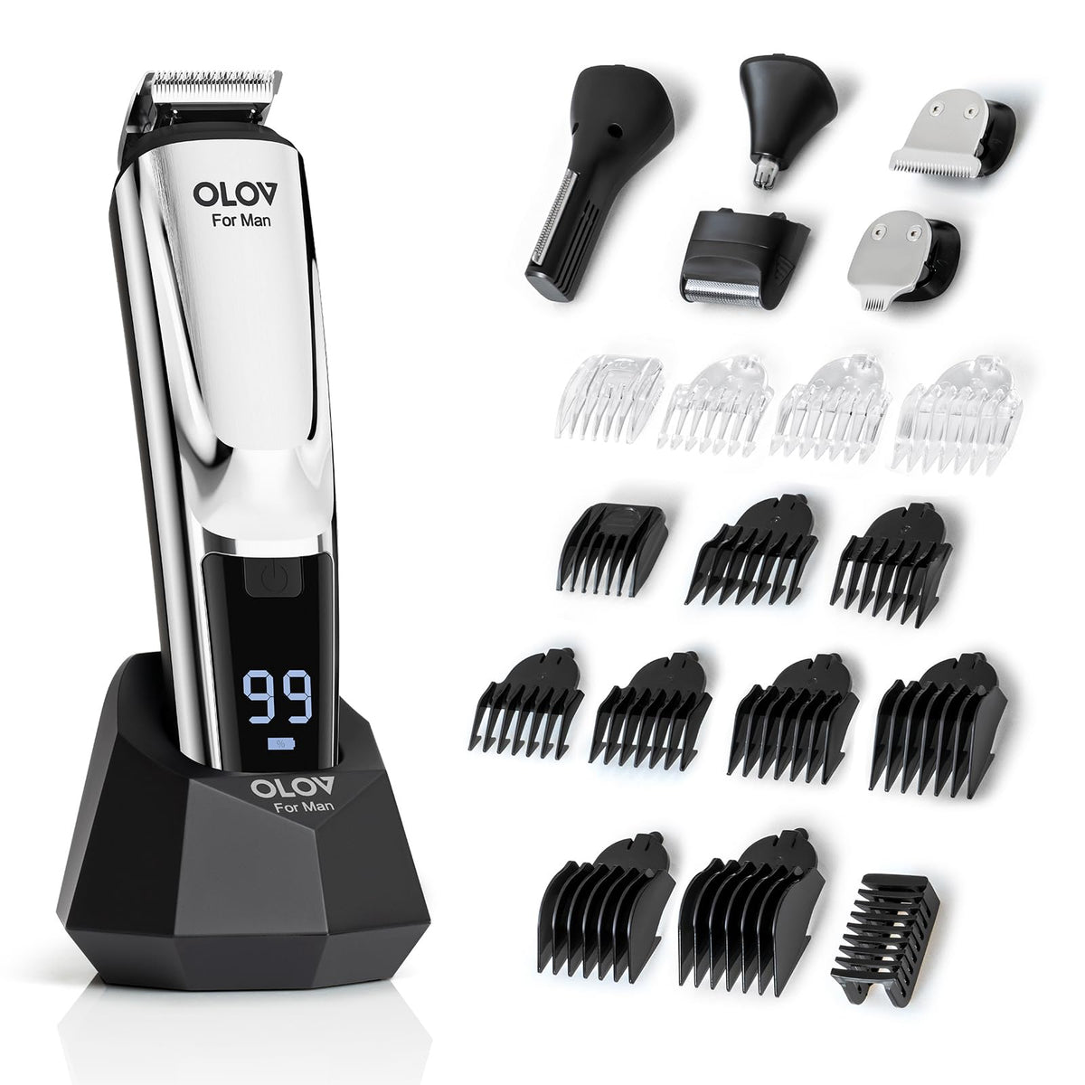 Olov Beard Trimmer Kit - 21 Pieces, Waterproof, Cordless Grooming For Men, Silver