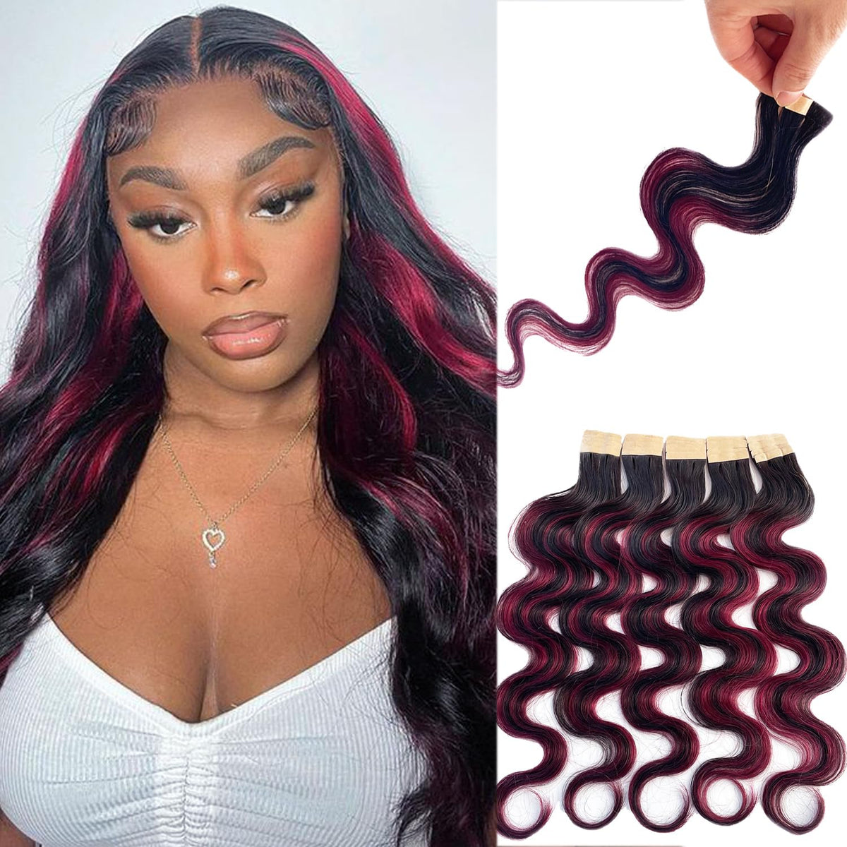 Benafee 24&quot; Body Wave Tape In Human Hair Extensions For Black Women - 1B99J Highlights