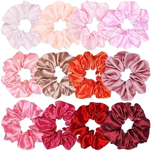 Sufermoe 12 Pcs Satin Silk Hair Scrunchies - Assorted Red 4.5 Inch Hair Ties for Women