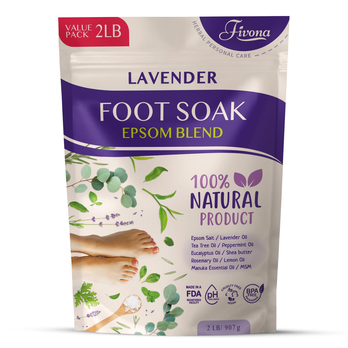 Fivona Lavender Epsom Salt Foot Soak - 2 Lb Calming Bath Salt For Tired Feet & Sore Calluses