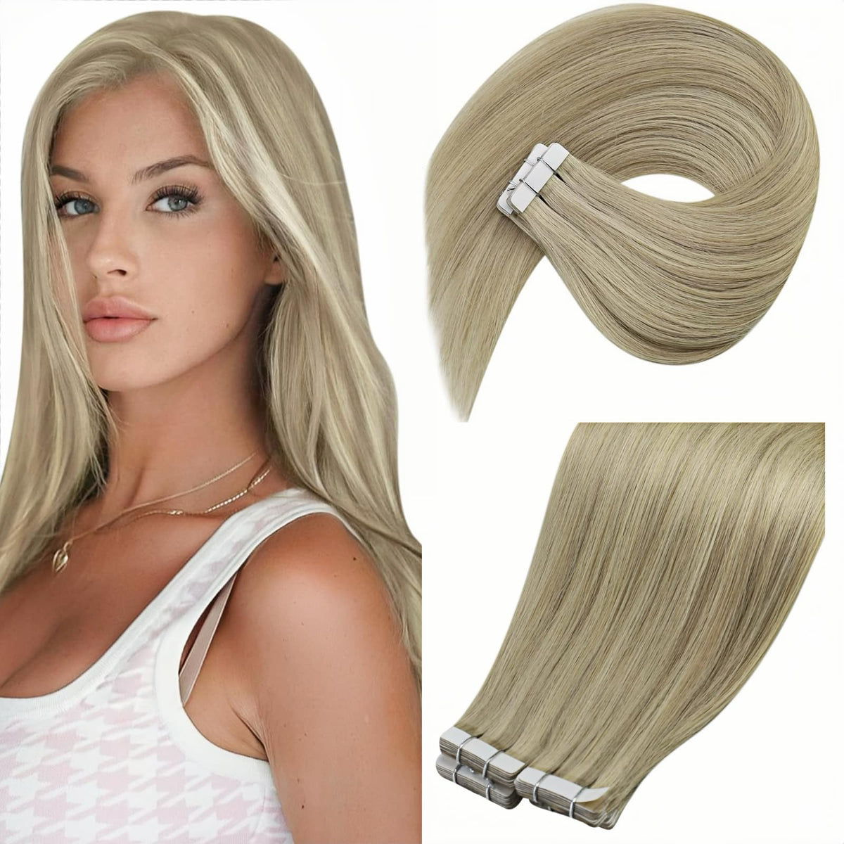 Ve Sunny Blonde Tape In Hair Extensions - 20Pcs 50G Real Human Hair, Light Golden Blonde, 20Inch