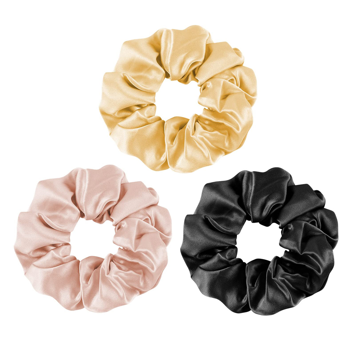 Olesilk 100% Silk Hair Scrunchies For Women - 3Pcs Black & Champagne Gold Ponytail Ties