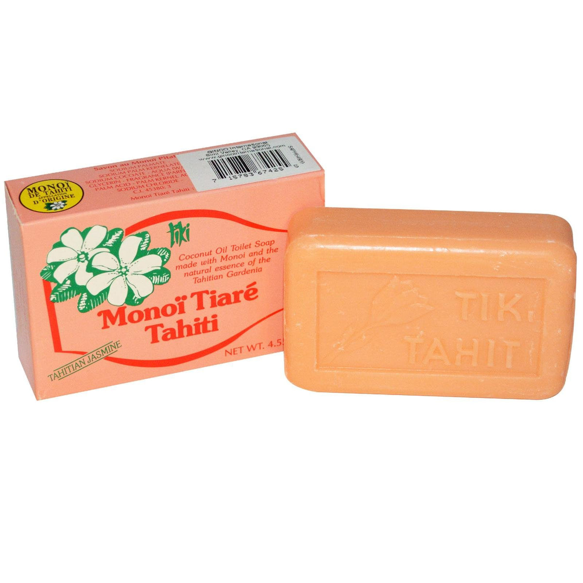 Monoi Tiare Tahiti Coconut Oil Soap - Tahitian Jasmine Scent, 4.55 Oz Bar