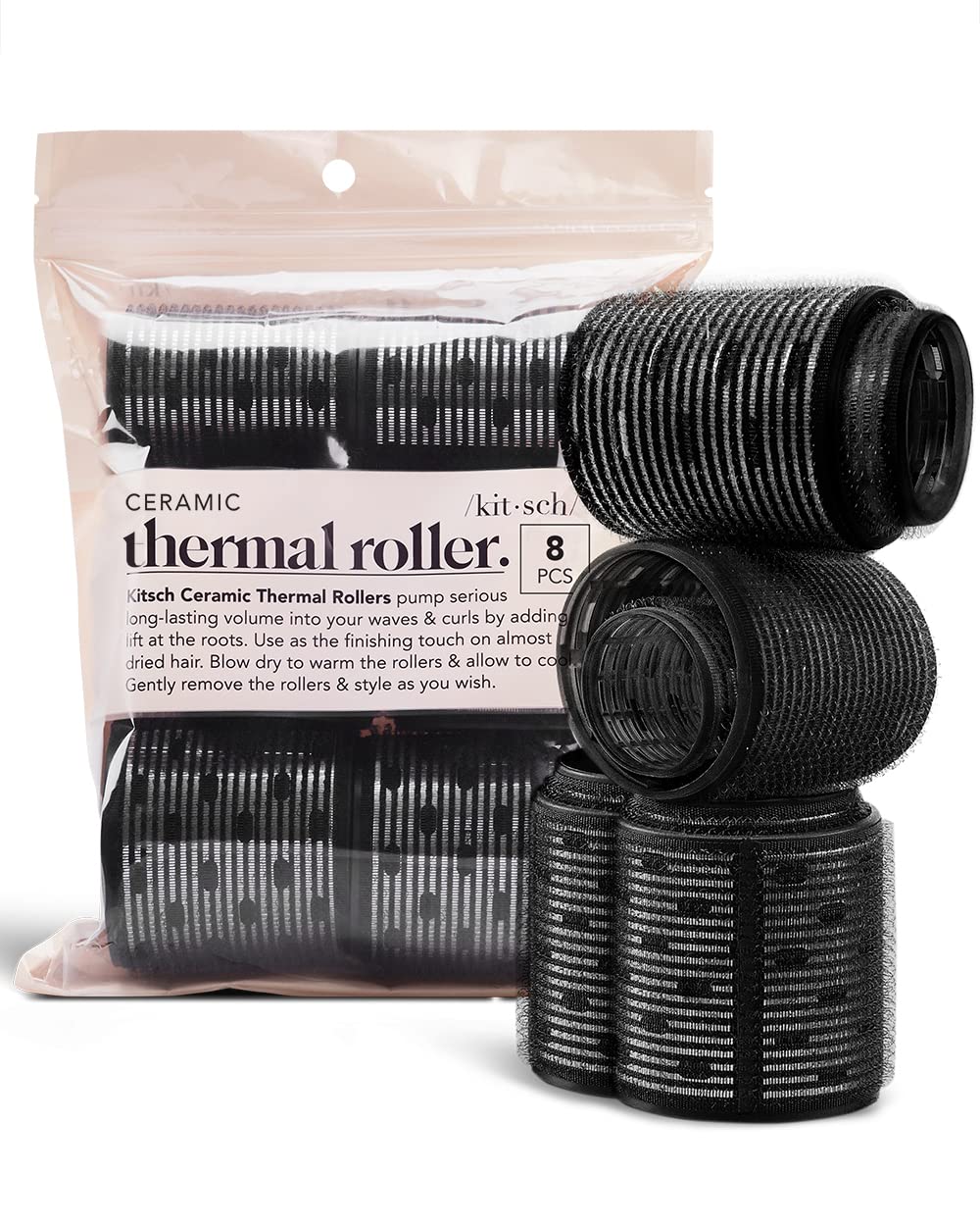 Kitsch Ceramic Velcro Hair Rollers - 8Pcs Self-Grip Curlers For Short To Long Hair - Black