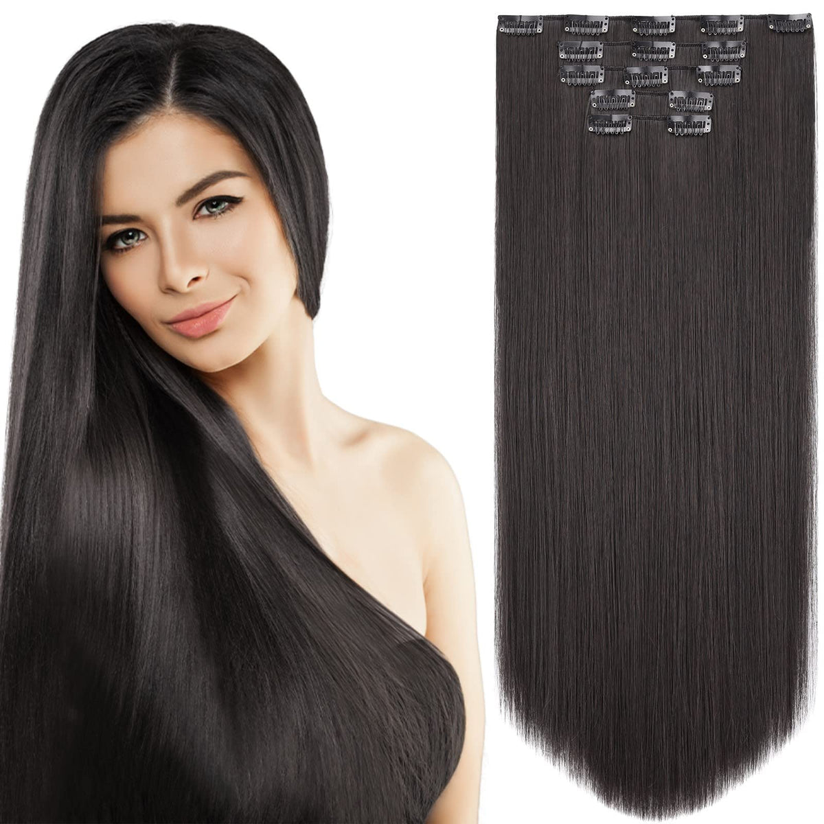 Hspjhtm 22&quot; Black Hair Extensions - Clip-In Synthetic Thick Hair Pieces For Women, Full Head