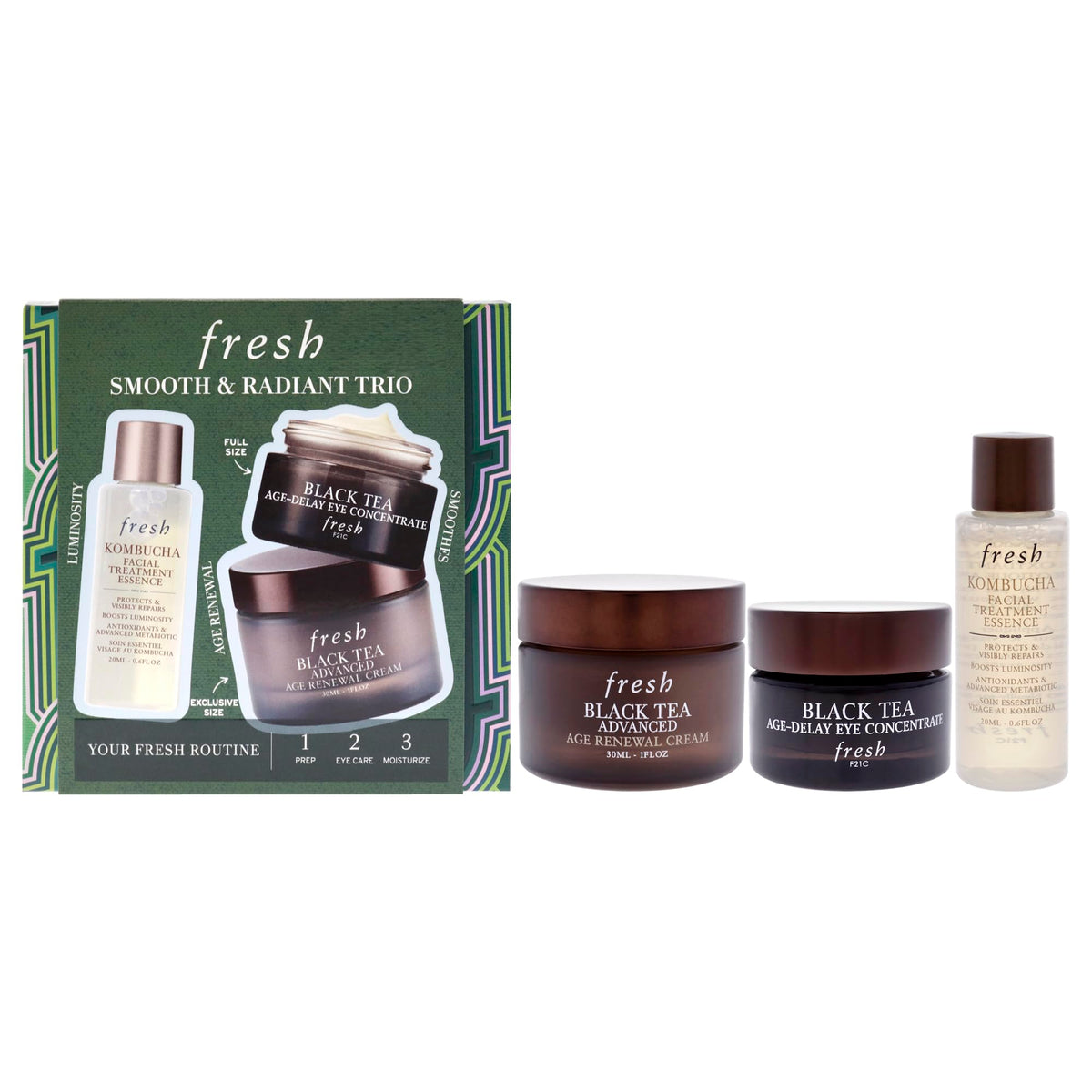 Fresh Radiant Trio For Women - Kombucha Facial Essence, Black Tea Eye Cream & Moisturizer