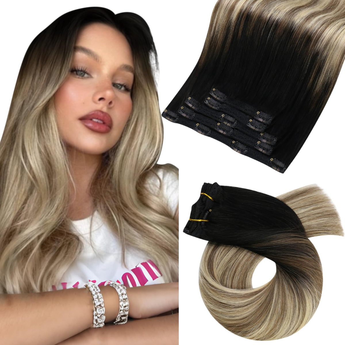 Moresoo 16&quot; Clip in Hair Extensions - Real Human Hair Balayage Natural Black to Brown 120G