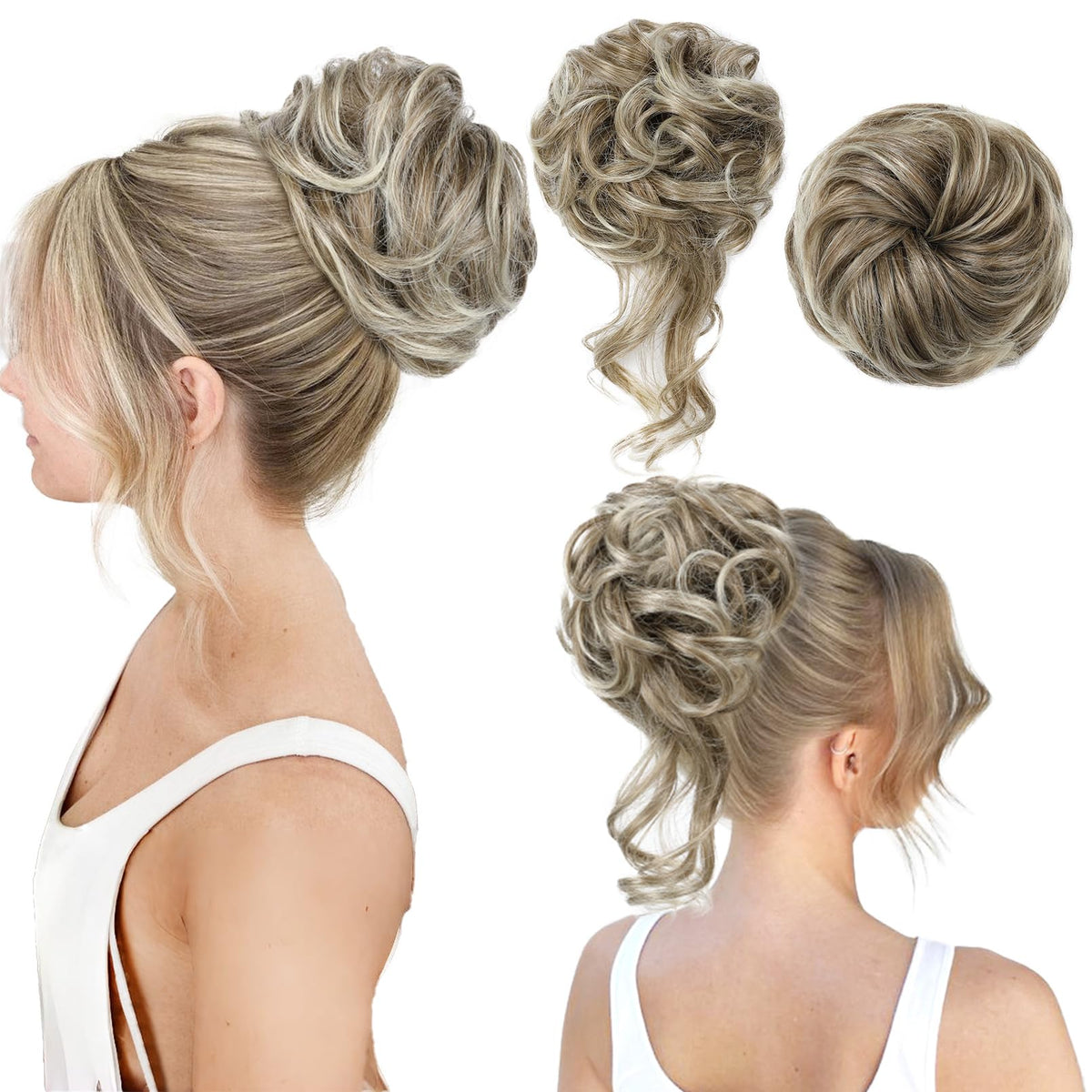 REECHO Messy Bun Hair Piece - Classic Tousled Updo, Ash Brown with Blonde Tips, Synthetic Hair