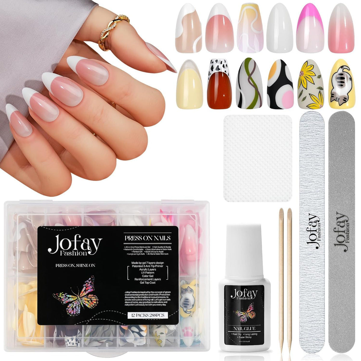 Jofay Fashion Press on Nail Kit - Almond Gel Tips, 288Pcs Reusable Short Glue-On Nails