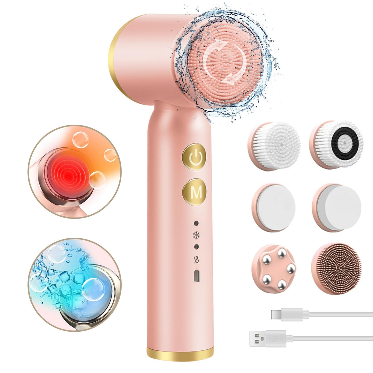 Landmore 8-In-1 Pink Facial Cleansing Brush - Waterproof, Rechargeable, 6 Brush Heads, 3 Speeds