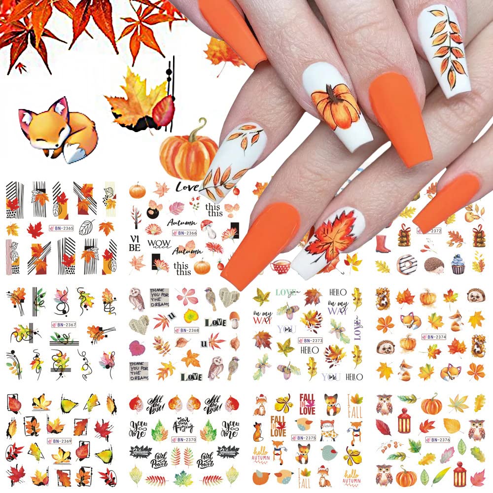 Qdsuh 12 Sheets Fall Nail Stickers - Autumn Maple Leaf & Pumpkin Water Transfer Decals For Diy