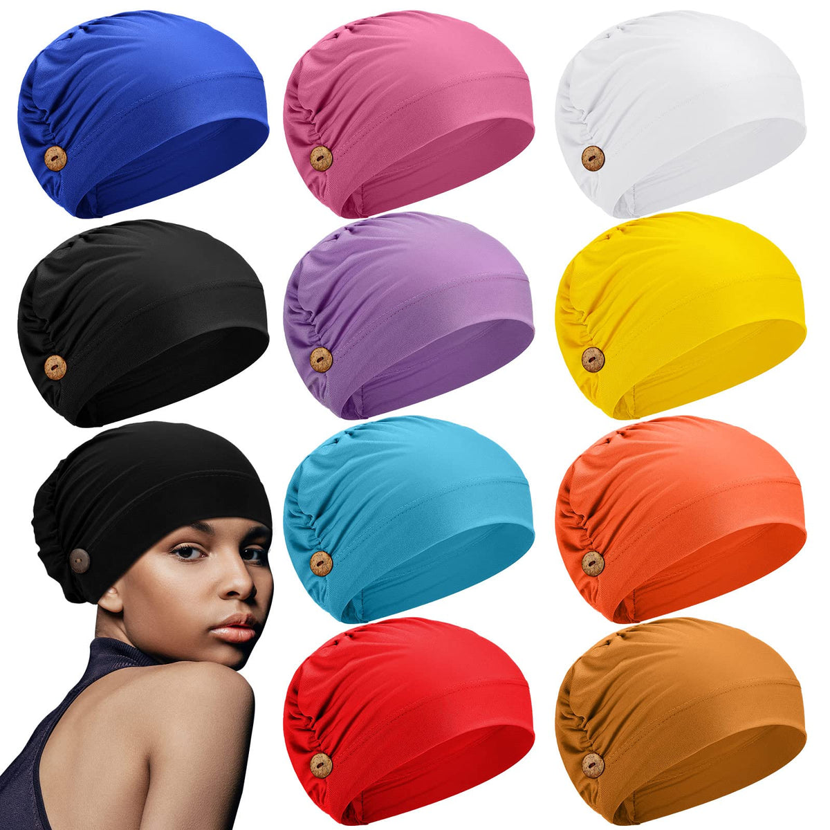 Geyoga 10 Pcs Soft Bouffant Caps With Buttons, Gourd-Shape Stretchy Headband, Bright Colors