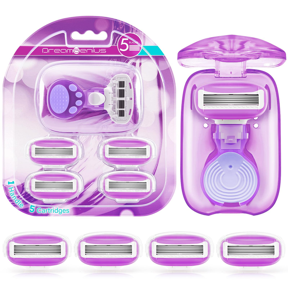 Dreamgenius Travel Razor For Women - 5-Blade Mini Razor With Case, Purple, Portable Toiletries