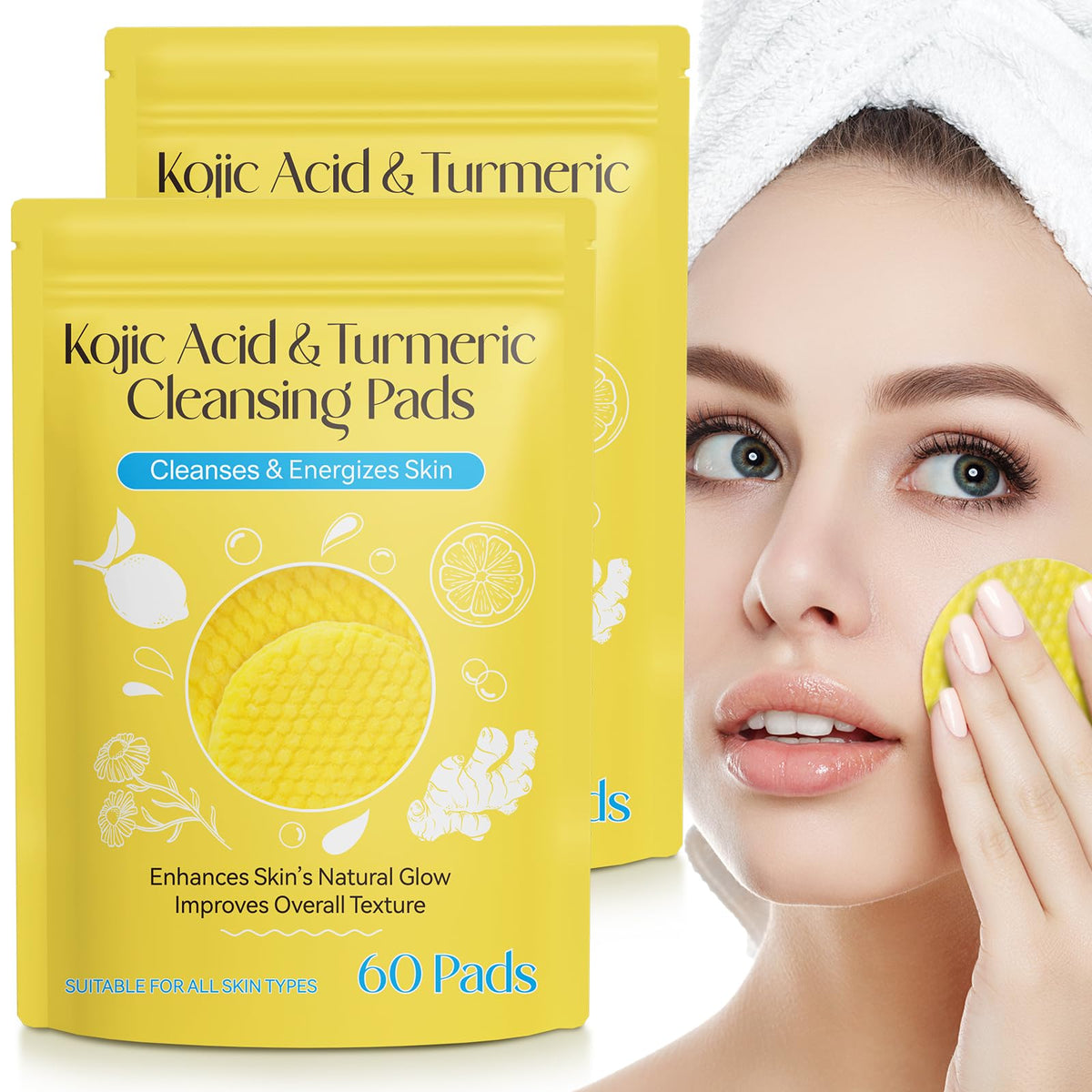 Afitmoe Kojic Acid & Turmeric Cleansing Pads - 120 Gentle, Non-Irritating Pads For Balanced Skin