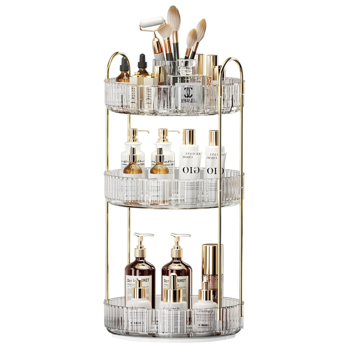 Oifecsie 360° Rotating Makeup Organizer - Large-Capacity 3 Tier Cosmetic Storage, Transparent