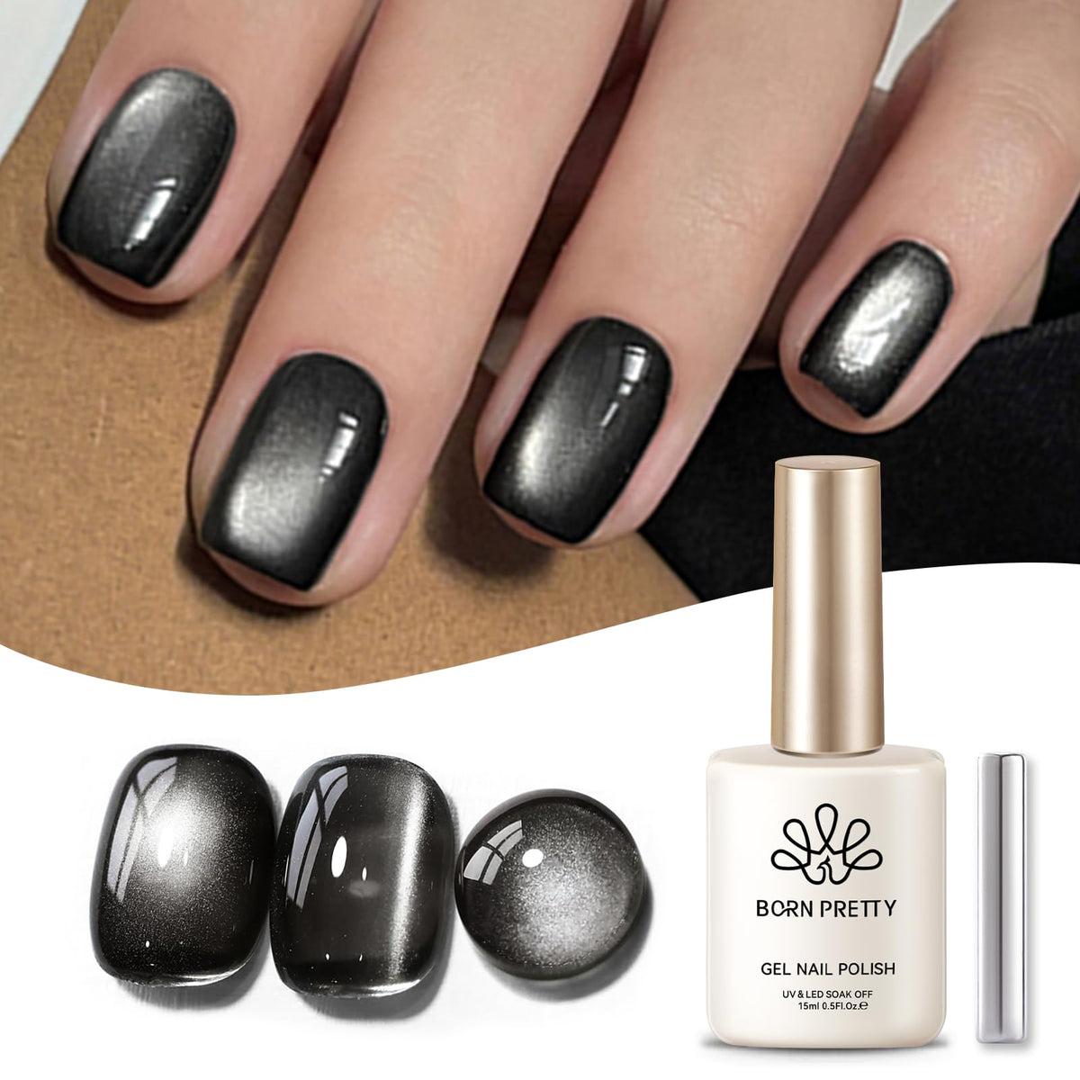 Born Pretty Cat Magnetic Eye Gel Nail Polish 15Ml Holographic Glitter - Black Obsidian