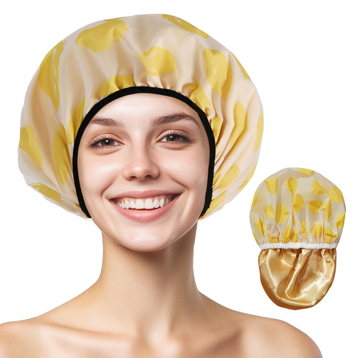 Yizijizi Reusable Waterproof Shower Cap For Long Hair - Large Size, Great Yellow Circle