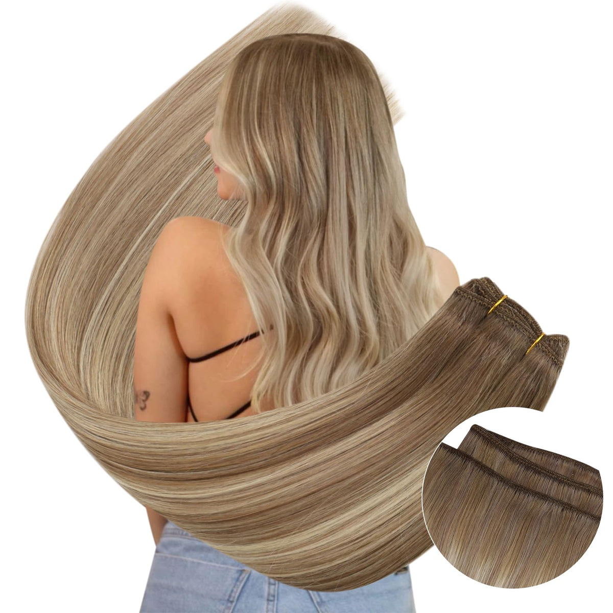 Ugeat 20&quot; Human Hair Weft Extensions, Light Brown Mix Platinum Blonde, Sew-In, 100G