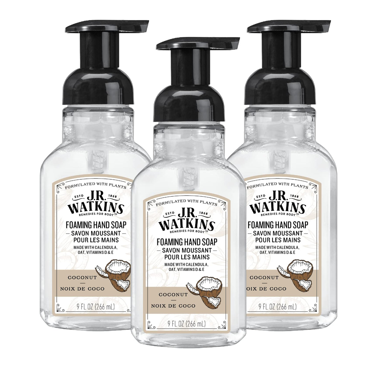 J.R. Watkins Coconut Foaming Hand Soap, Alcohol-Free, 9 Fl Oz, 3 Pack, Cruelty-Free