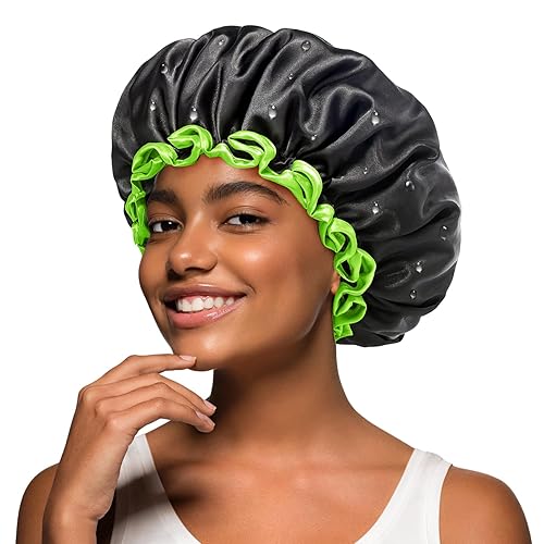 mikimini Black Shower Cap, 2 Pack Reusable Waterproof Hat with Soft PEVA Lining for Women & Men