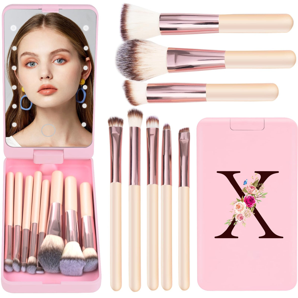 Kewwadb Mini 8-Piece Travel Makeup Brush Set With Led Mirror - Pink, Perfect For Teens & Gifts