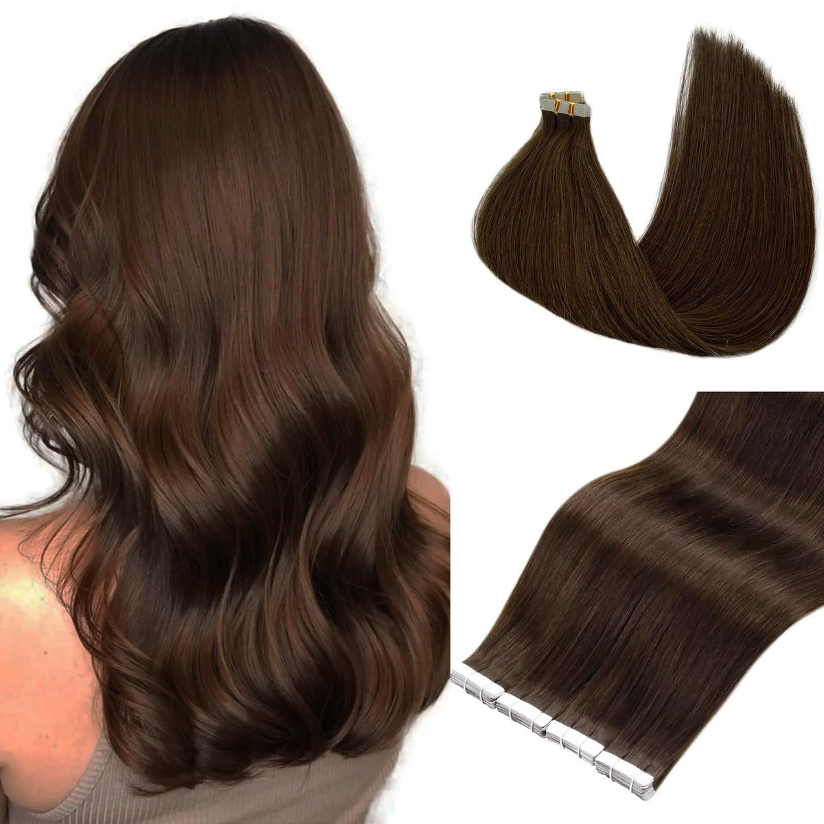 Munx Tape In Hair Extensions #2 Dark Brown 24&quot; Human Hair, 20Pcs 70G Real Hair Extensions