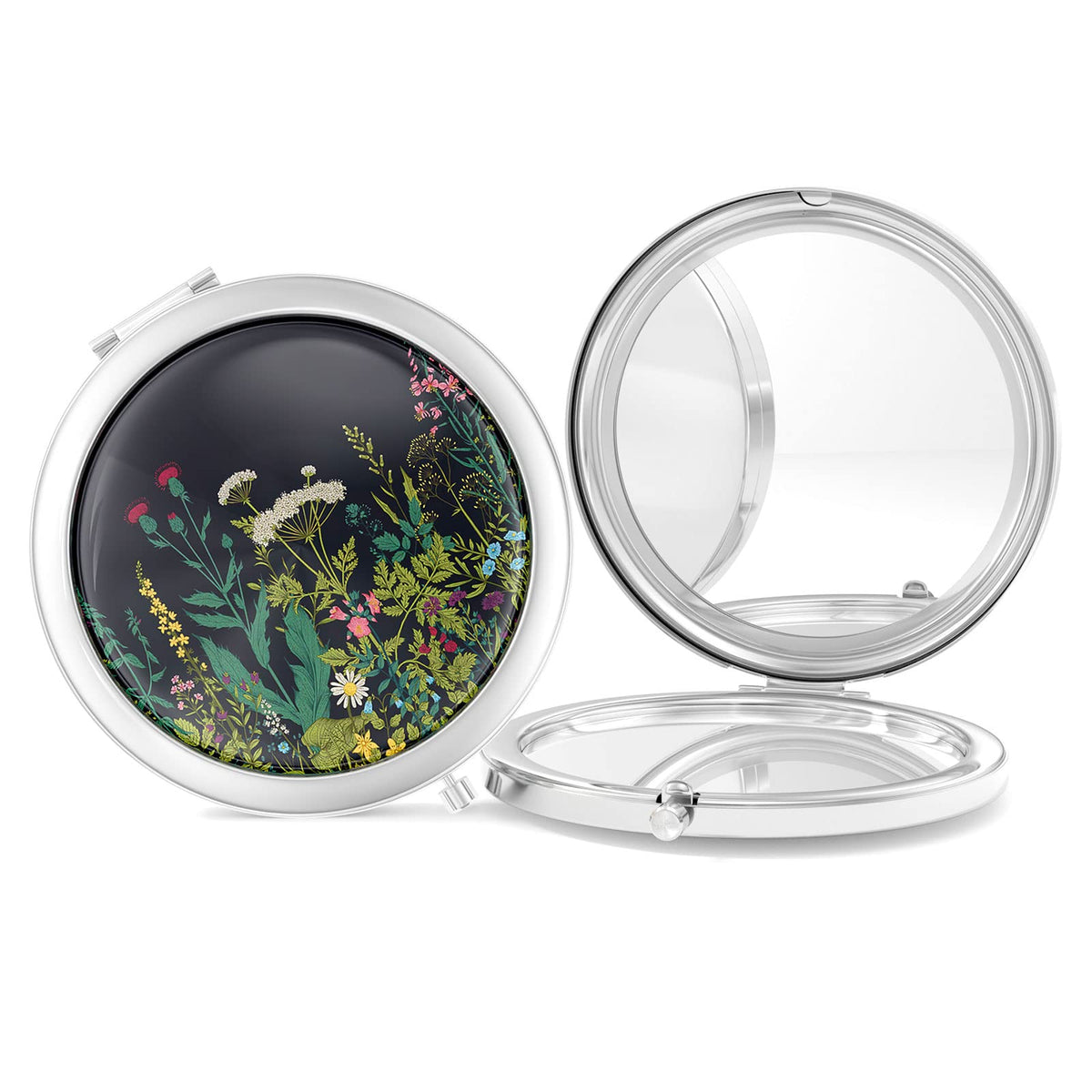 Nipichsha Compact Mirror - 2-Sided 2X/1X, Silver Dandelion, Portable Makeup Mirror For Travel