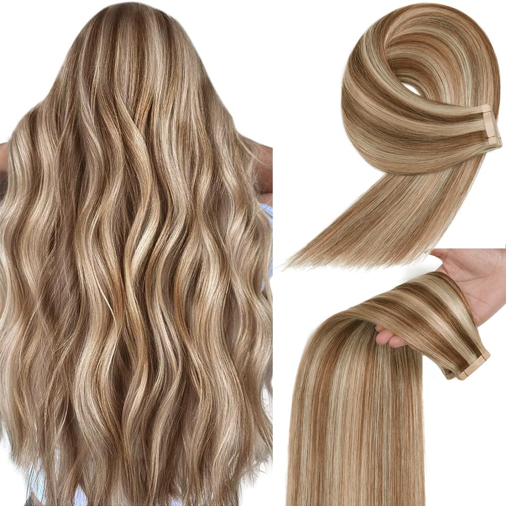 Yddm Tape In Hair Extensions 14 Inch 20Pcs Human Hair Chestnut Brown & Bleach Blonde