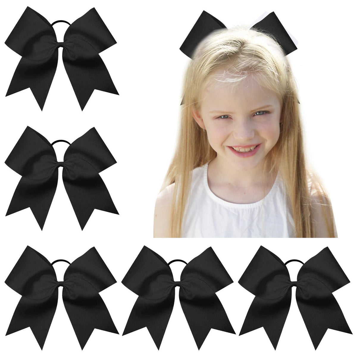 OAOLEER 8&quot; Jumbo Cheer Bows for Girls & Women - 5PCS Black Elastic Ponytail Holders