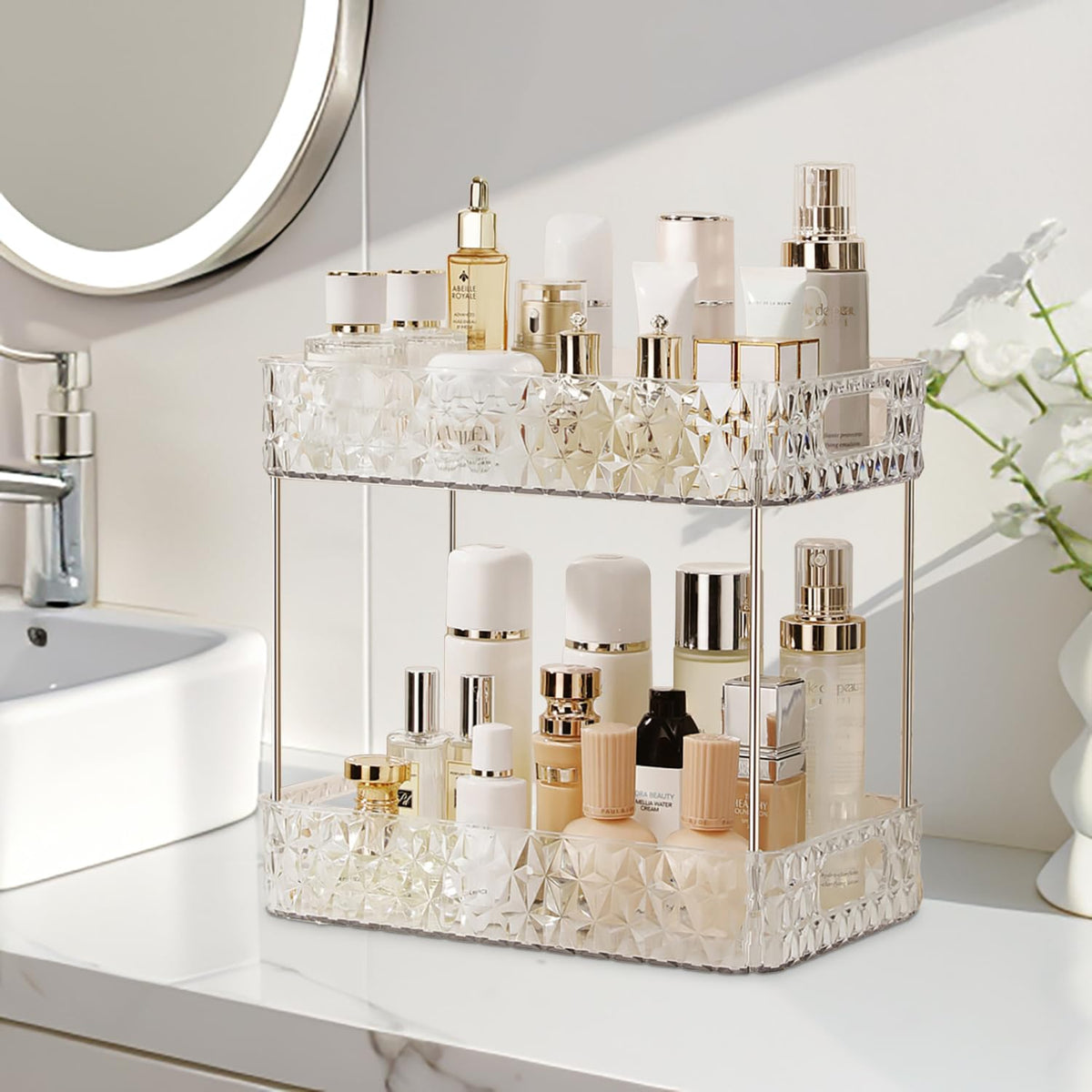 Heaime Clear Acrylic Makeup Organizer - 2 Tier Vanity & Bathroom Countertop Skincare Display Case