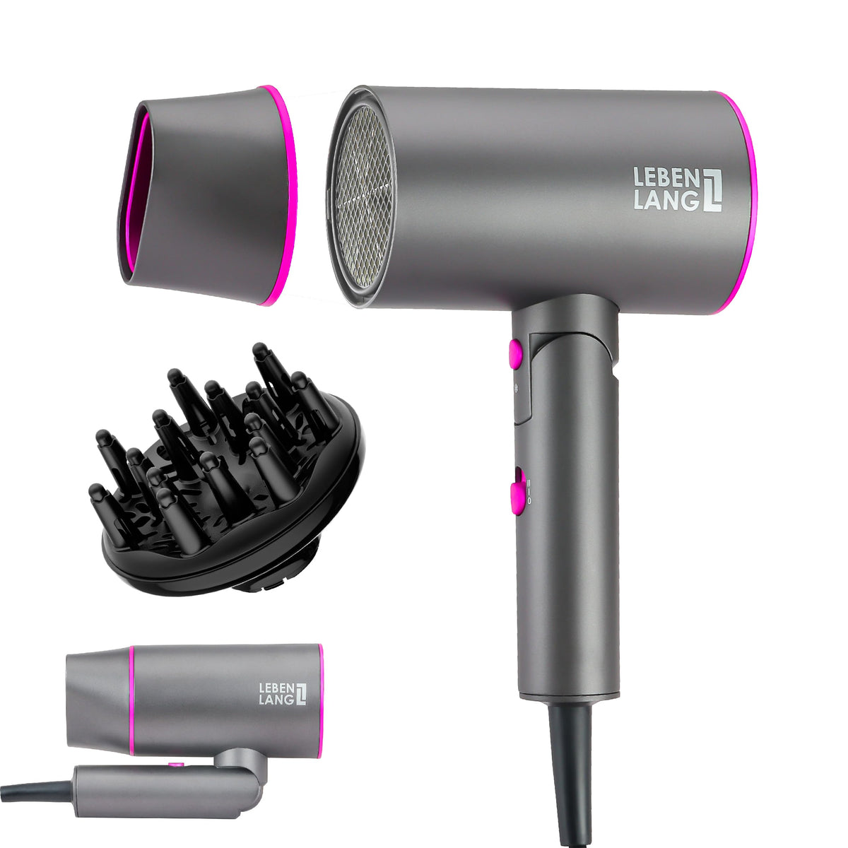 Lebenlang 1875W Ionic Hair Dryer - Foldable, Portable Mini With Diffuser For Curly Hair, Grey/Pink