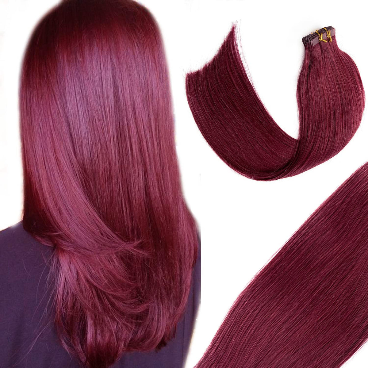 Ubetta 24&quot; Burgundy Tape In Human Hair Extensions - 20 Pieces Seamless Remy Hair Weft