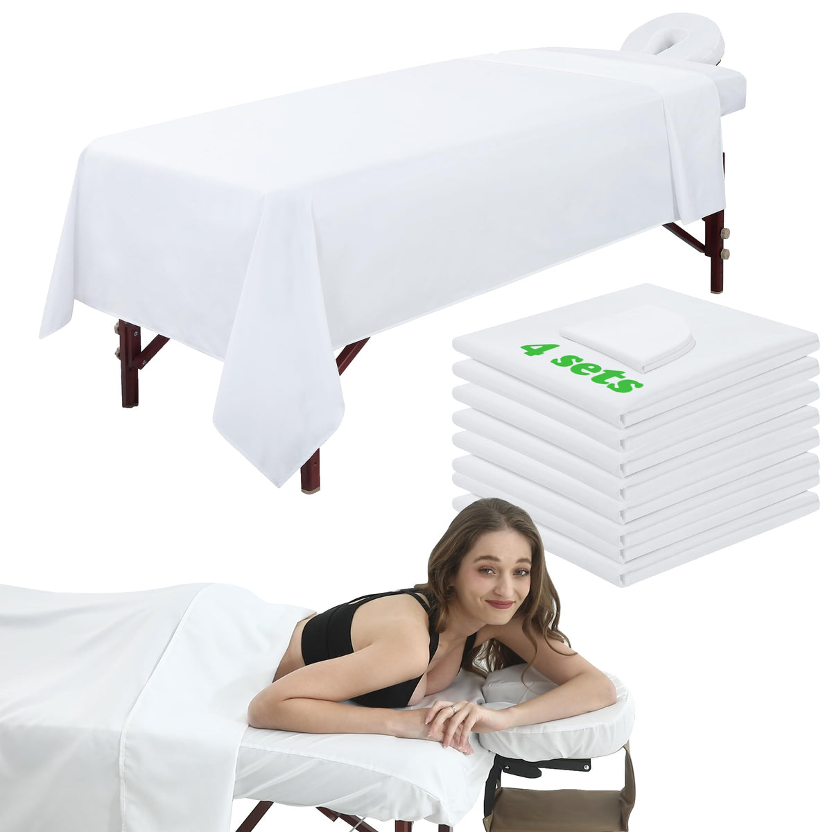 Omutavm 3 Piece Massage Table Sheets Set - Soft Microfiber, Waterproof, Reusable, White 4 Sets