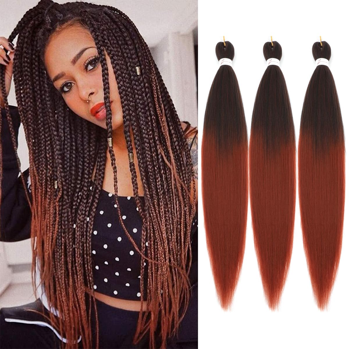 Alremyssy Ombre Ginger Braiding Hair 26&quot; Pre-Stretched Synthetic Yaki Texture (3Pcs)