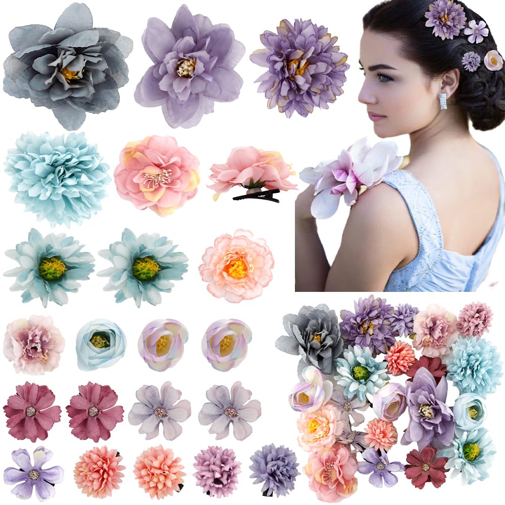 AHONEY 21 Purple Flower Hair Clips for Women, Chiffon Alligator Pins for Weddings & Parties