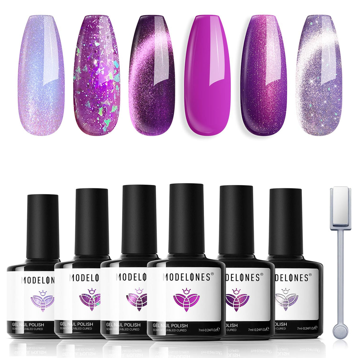 Modelones Gel Nail Polish Set - 6 Colors, Purple Silver Cat Eye & Glitter, Soak Off, Diy Salon Gift