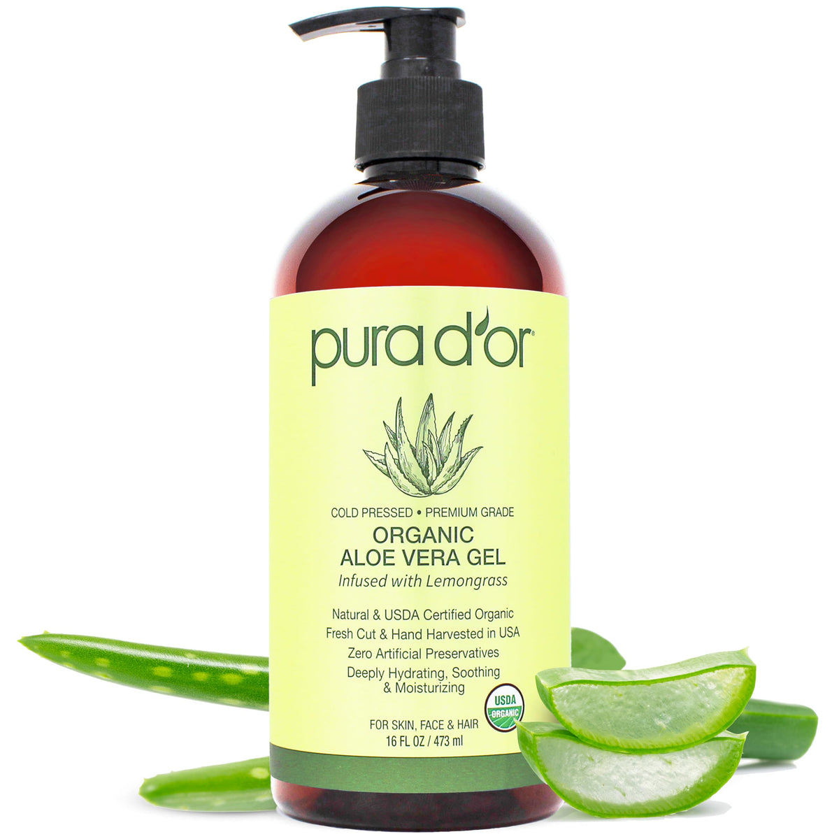 Pura D'Or 16 Oz Organic Aloe Vera Gel - Lemongrass, All Natural, Deeply Hydrating, Sunburn