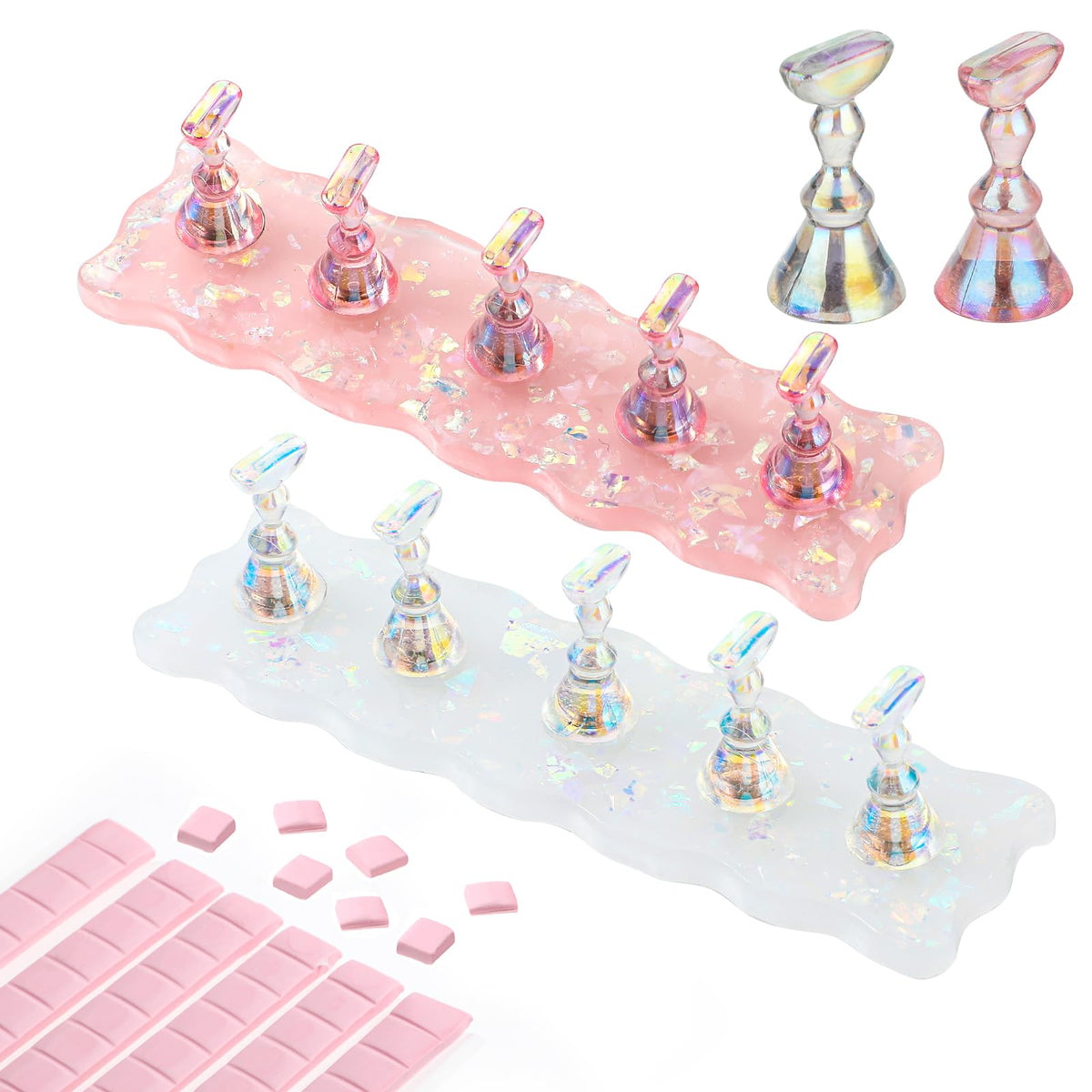 Prasacco Nail Stand Set - 2 Acrylic Holders With 96 Adhesive Putty For Diy Salon, White+Pink