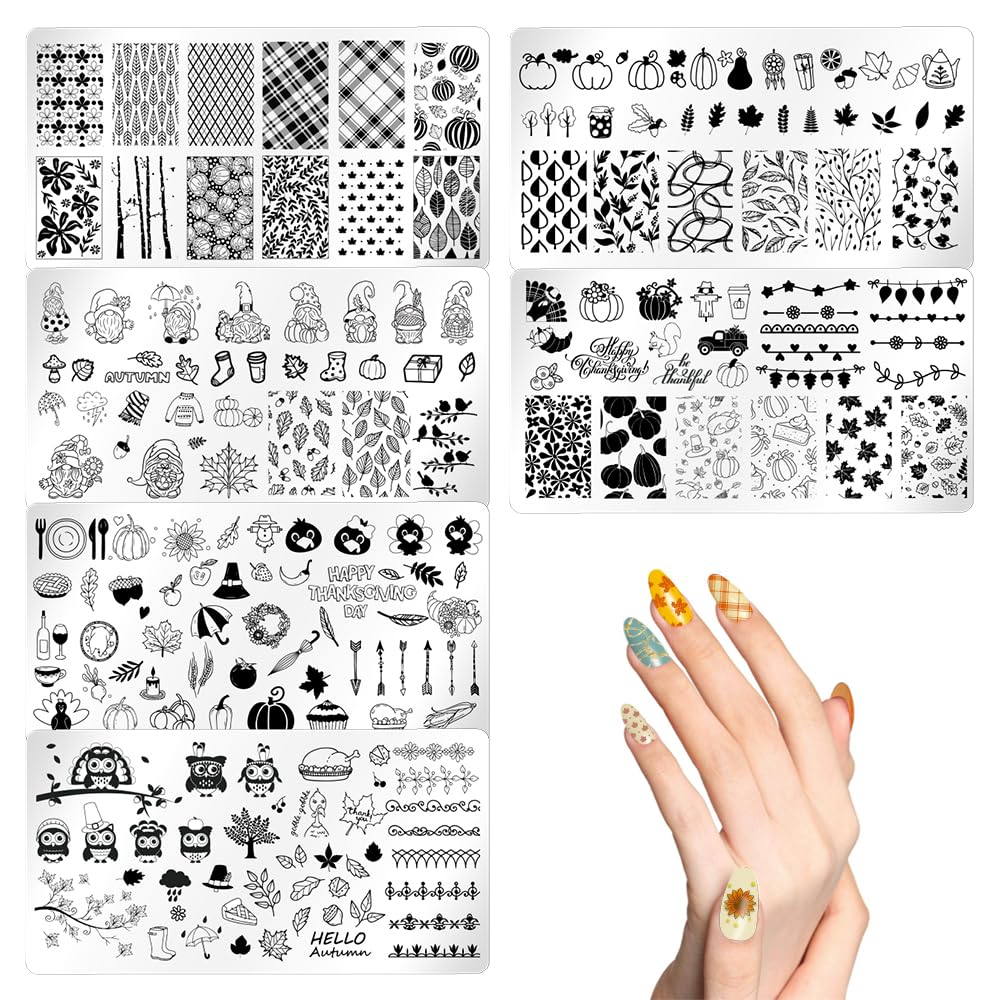 On-Airstore 6Pcs Fall Nail Art Stamping Plates - Pumpkin & Leaves Manicure Templates For Diy