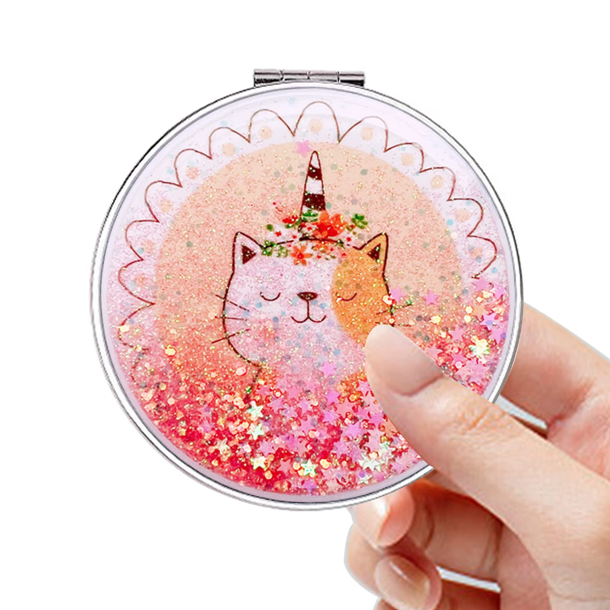 Acedada Glitter Quicksand Compact Mirror - Double-Sided 1X/2X Makeup Mirror For Women - Red Cat