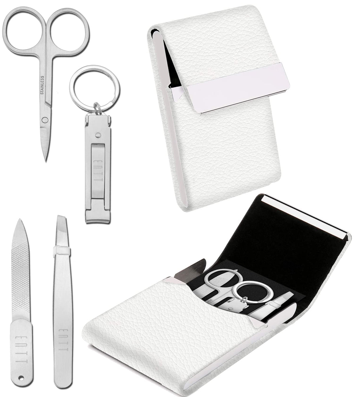 Entt 4 Pcs Premium Stainless Steel Pedicure Manicure Set - Unisex Tools In White Vegan Case