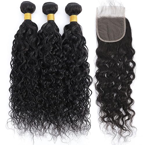 FASHION VILA Brazilian Virgin Water Wave Hair Bundles with Closure, 100% Human Hair, Natural Black