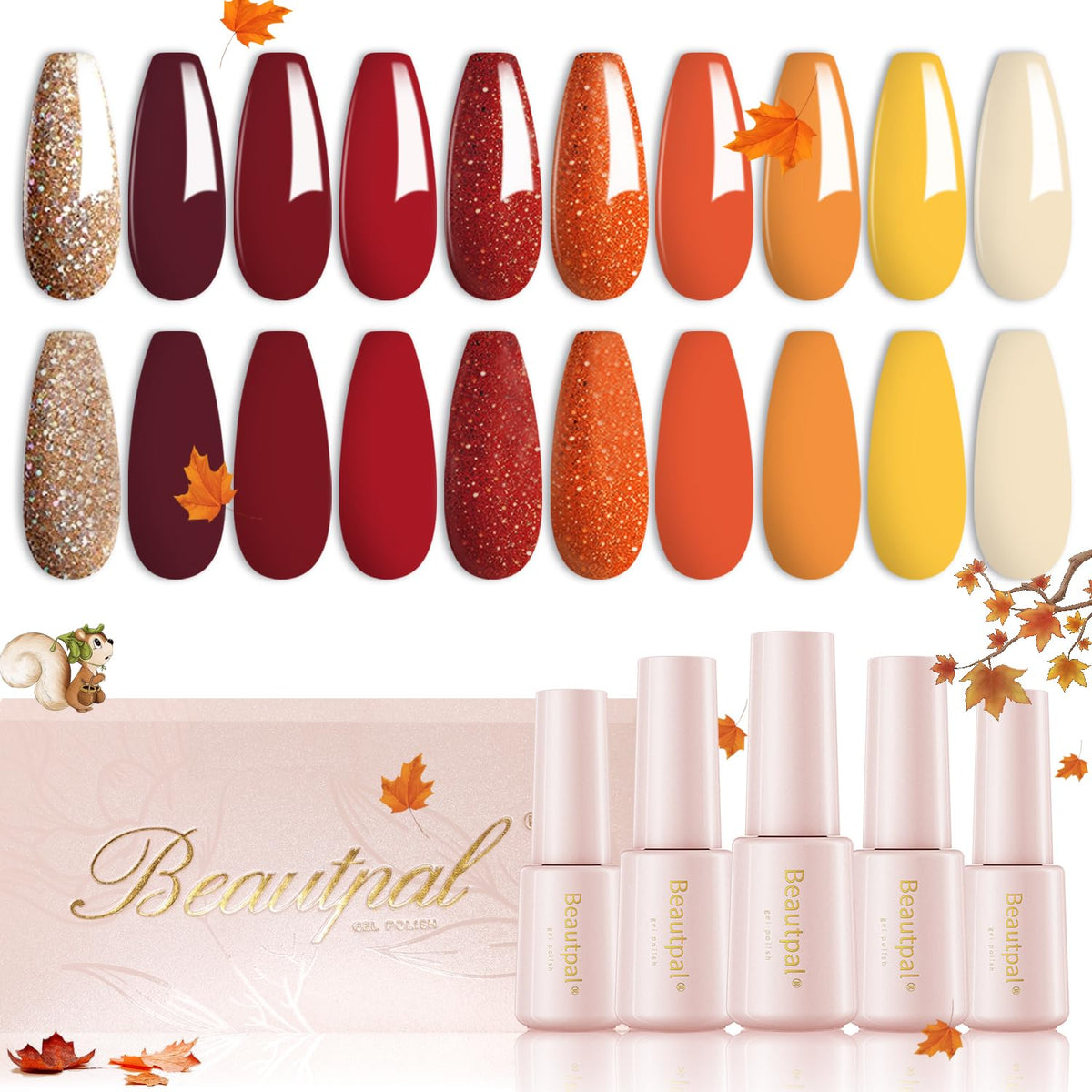 Larvall Gel Nail Polish Set, 10 Colors Autumn Yellow Orange Red, Glitter Pumpkin, Diy Nail Art