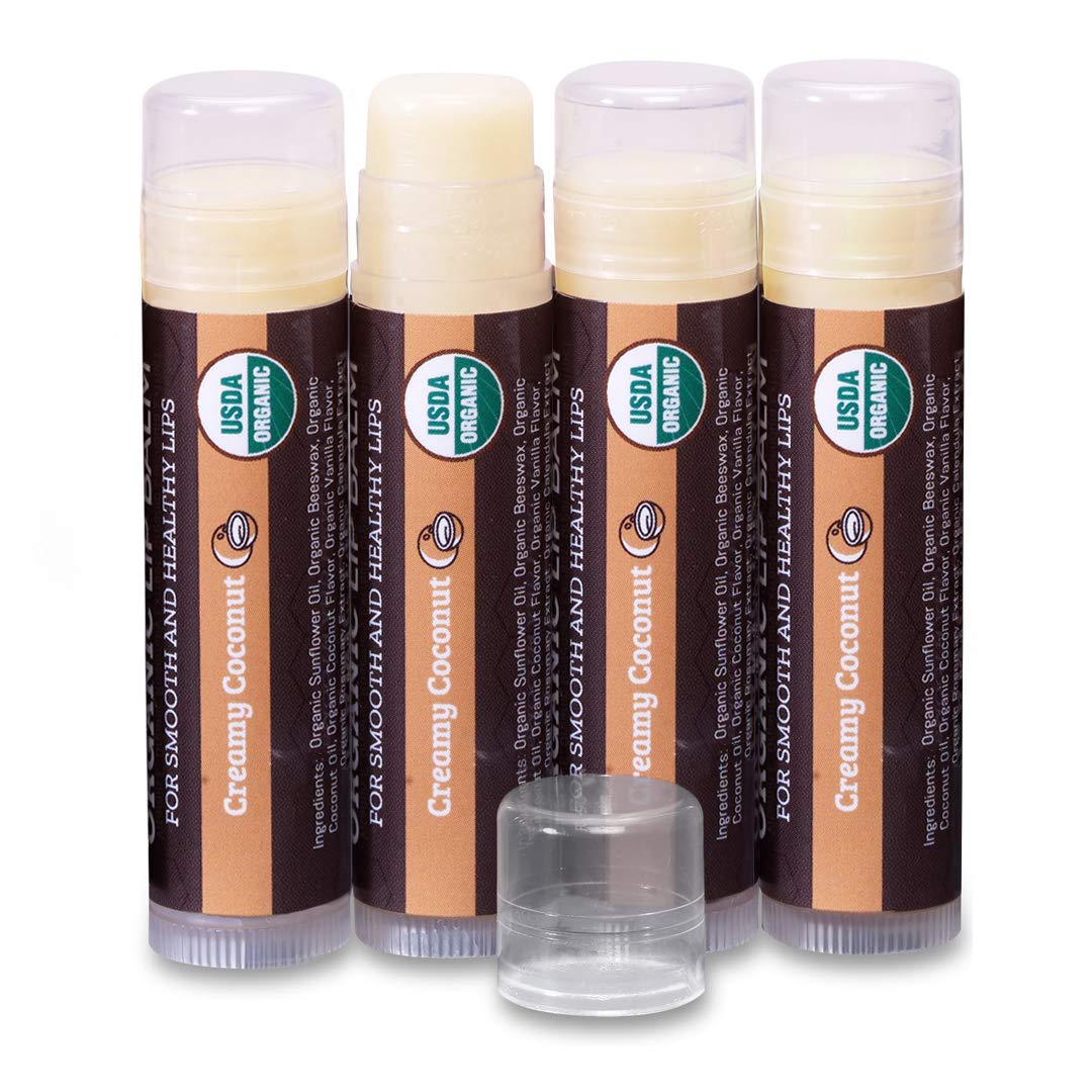 Usda Organic Lip Balm 4-Pack By Earth'S Daughter - Creamy Coconut Flavor, Beeswax & Vitamin E