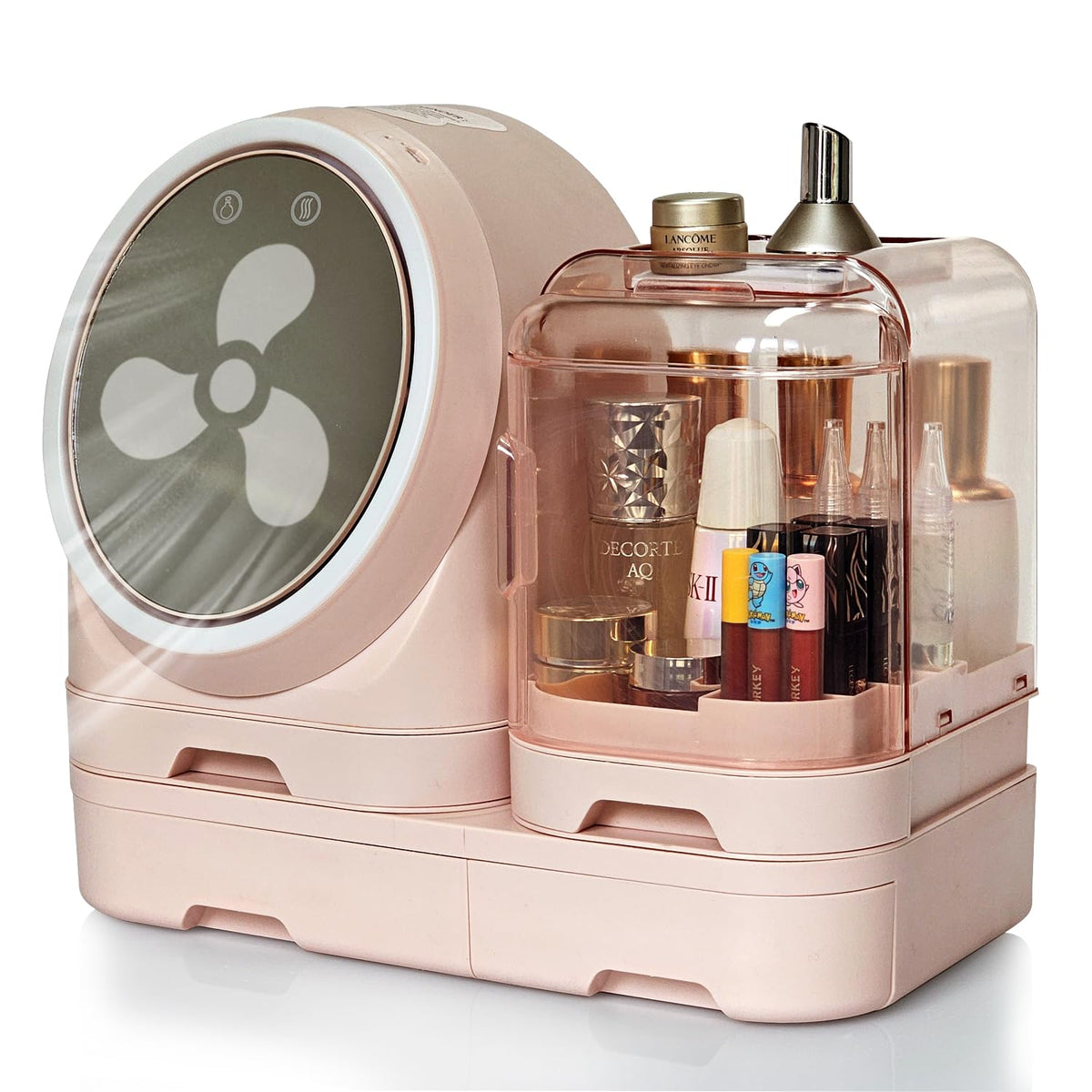 Tidyladyo Pink Makeup Organizer With Mirror & Led Fan - Cosmetic Storage For Vanity & Bathroom