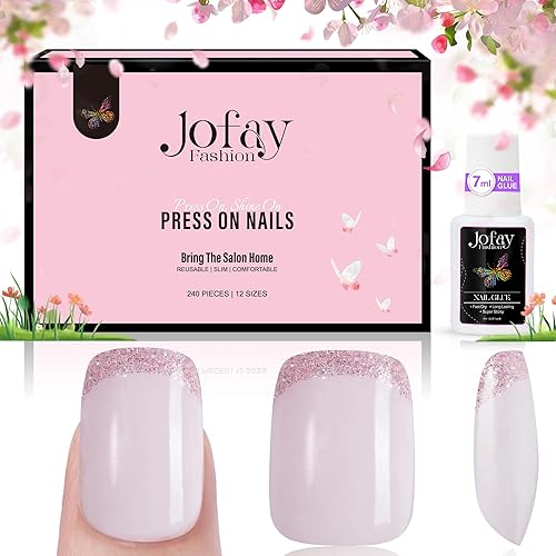 Jofay Fashion French Gel Nail Tips - 240 Pcs Glitter Pink Short Square Acrylic Press on Nails